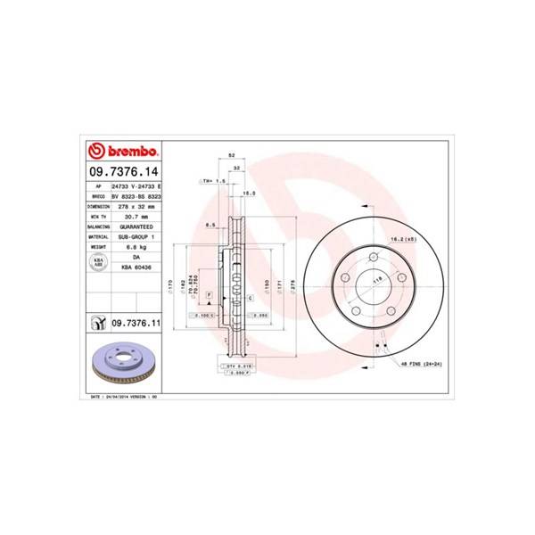 Bremseskive Innvendig ventilert, Framaksel BREMBO BREMBO