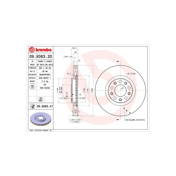 Bremseskive Innvendig ventilert, Framaksel BREMBO BREMBO