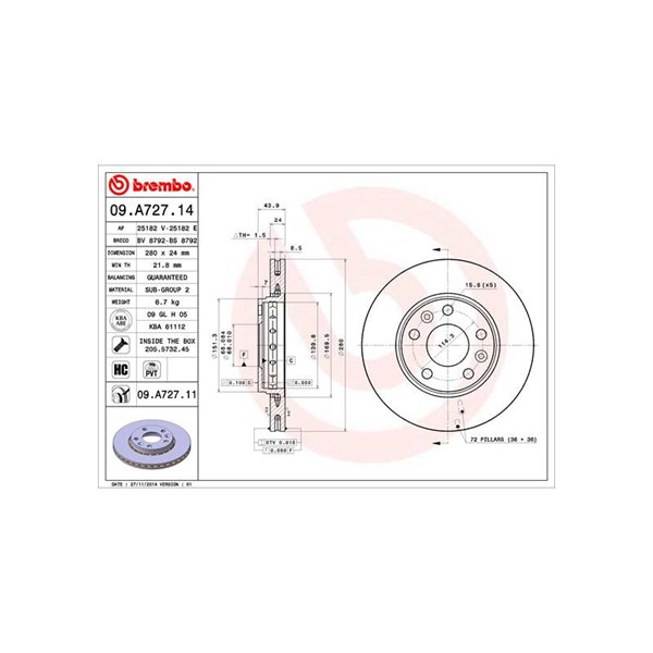 Bremseskive Innvendig ventilert, Framaksel BREMBO BREMBO