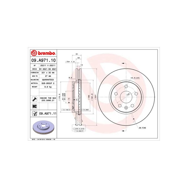 Bremseskive Innvendig ventilert, Framaksel BREMBO BREMBO
