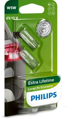 Pære PHILIPS LongLife EcoVision W5W W2,1x9,5d, Bak, Foran, Sidein Philips