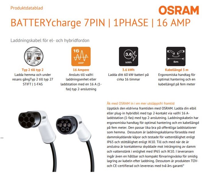 Ladekabel Osram elbil Typ 2 16A, Fas-1 OSRAM OSRAM