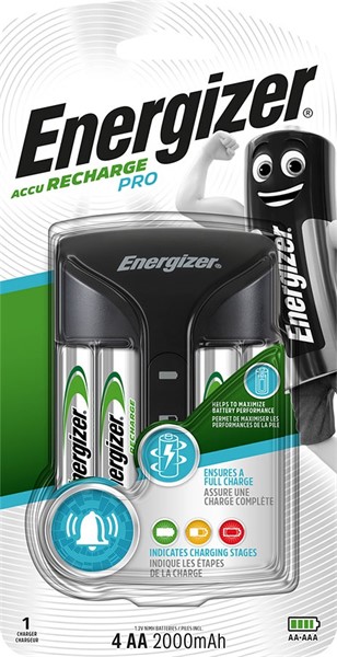 Batterilader + 4 stk Aa oppladbare batterier