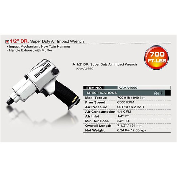 Trykkluftdrevet muttertrekker 1/2" 949 Nm TOPTUL Toptul