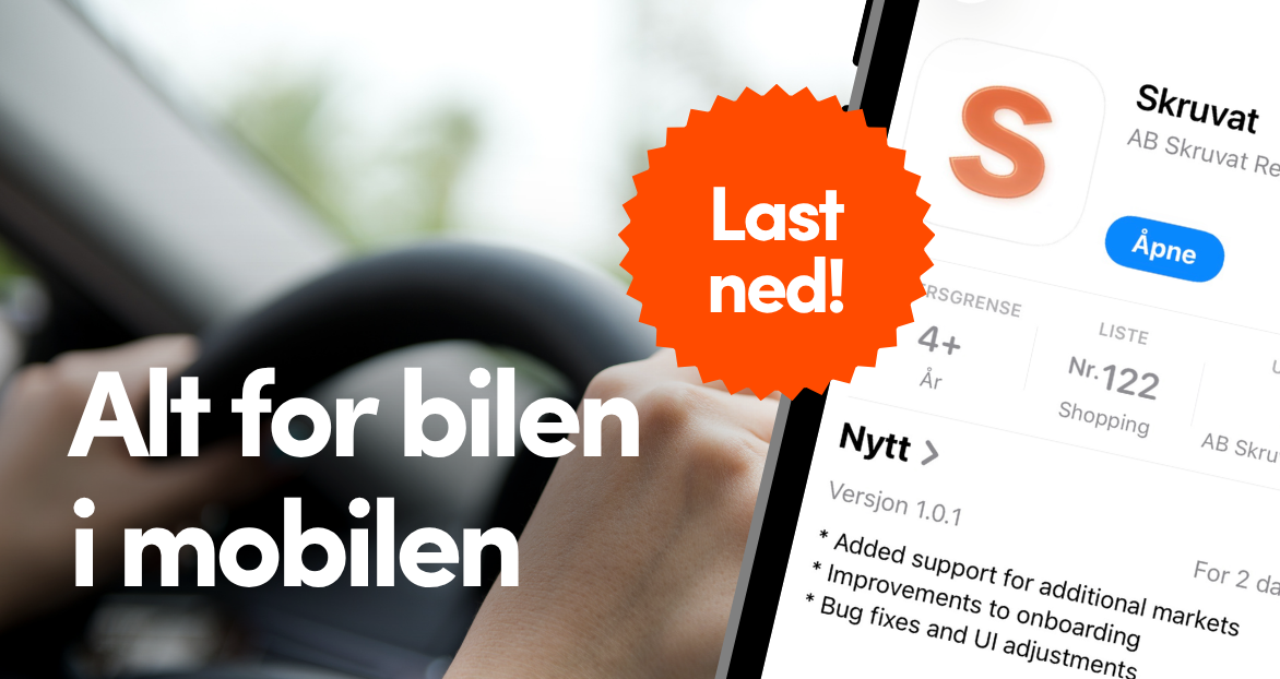 Banner for Skruvats app – alt for bilen direkte på mobilen. Last ned via App Store eller QR-kode.