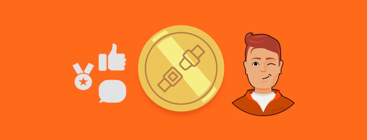 Illustrasjon med sikkerhetsbeltemynt, blunkende figur og ikoner for tommel opp og belønning.