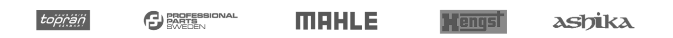 Logoer for produsenter av filter og servicekomponenter: Topran, Professional Parts Sweden, Mahle, Hengst, Ashika