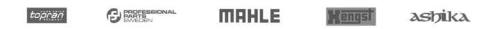 Logoer for produsenter av filter og servicekomponenter: Topran, Professional Parts Sweden, Mahle, Hengst, Ashika