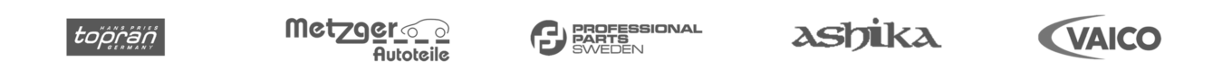Logoer for produsenter av viskerblader og servicekomponenter: Topran, Metzger Autoteile, Professional Parts Sweden, Ashika, Vaico