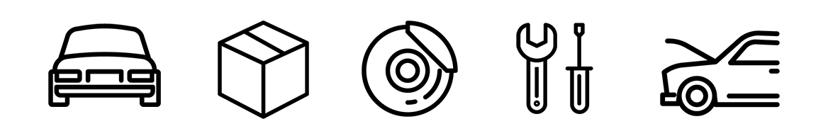 Ikon med bilfront, pakke, bremseskive, verktøy og åpen panser – symbol for bilservice og bildeler