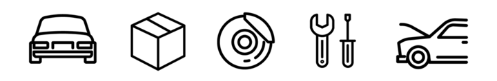 Ikon med bilfront, pakke, bremseskive, verktøy og åpen panser – symbol for bilservice og bildeler